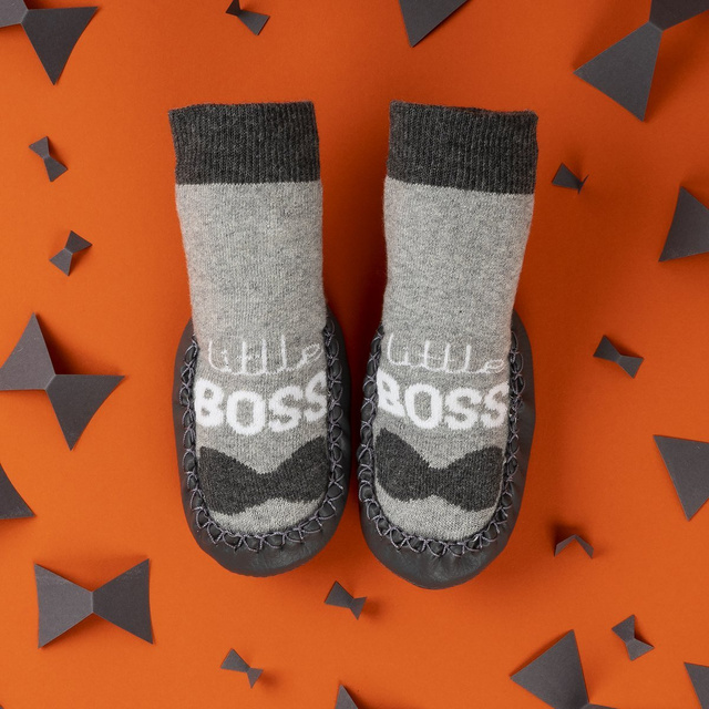 OUTLET Kapcie niemowlęce szare SOXO z szarą skórzaną podeszwą